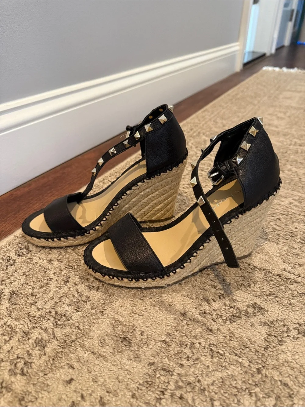 Marc Fisher Black Studded Espadrille Wedges